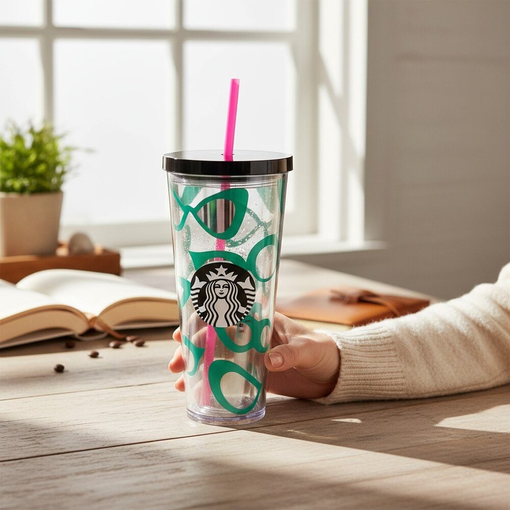 Rare Starbucks 2014 Anniversary Teal Eyeglasses Venti Tumbler w/ Pink Straw